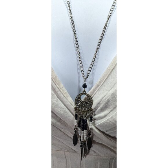 Bohemian Glass And Feather Charm Fringe Pendant Necklace - Picture 4 of 6